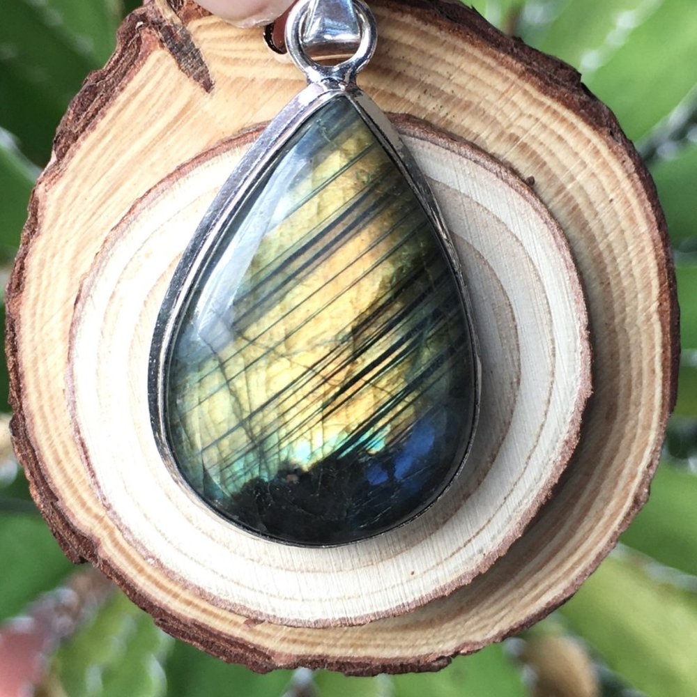 Genuine Labradorite .925 Pear Pendant Golden Flash